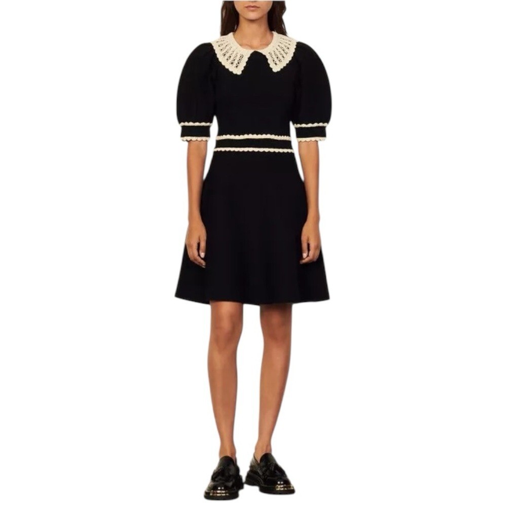Sandro Dress Women's Size 40 FR Black Knit Collar Crochet Lace A-Line‎ Skirt